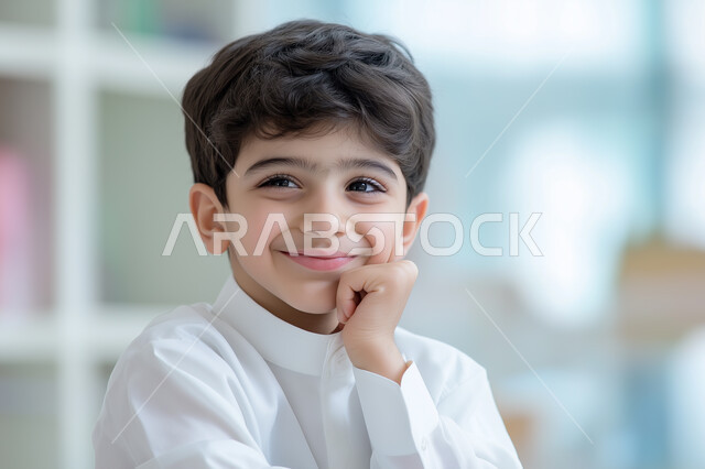 مفهوم الأناقة والاهتمام بالمظهر الخارجي، ملامح طفولية بريئة ، بورتريه مقرب لولد عربي خليجي سعودي مبتسم يرتدي الزي التقليدي يضع يده تحت رأسه، النظر الى الكاميرا بايماءات الثقة والسعادة والسرور