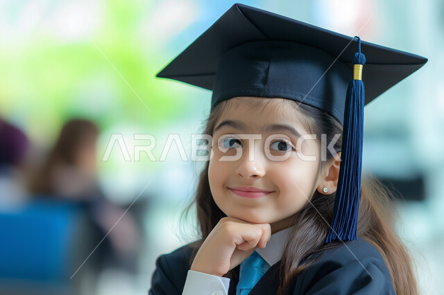 Graduation from the classroom, moving to a new school year, expressions of pride for achieving success, concept of education in Saudi Arabia, close-up portrait of a Saudi Arabian Gulf schoolgirl wearing a graduation gown and cap, putting her hand on her face and looking forward smiling