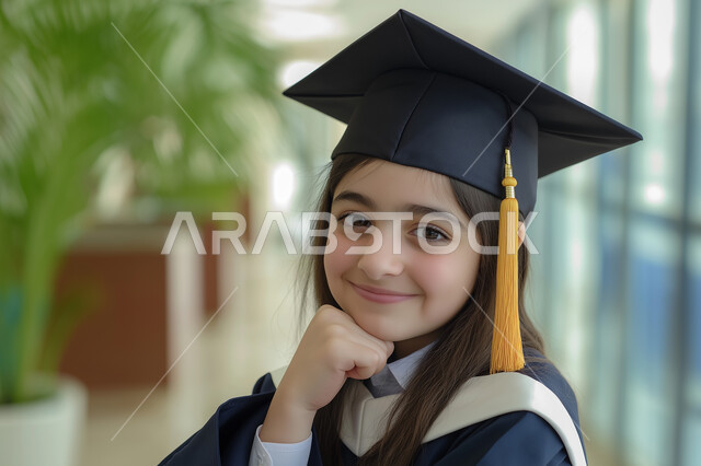 التخرج من الفصل الدراسي، الانتقال الى سنة دراسية جديدة، تعابير الفخر لتحقيق النجاح، مفهوم التعليم في المملكة العربية السعودية، بورتريه مقرب لطالبة مدرسية عربية خليجية سعودية نرتدي ثوب وقبعة التخرج تضع يدها على وجهها وتنظر الى الامام مبتسمة 