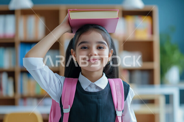 النظر الى الكاميرا بتعابير وايماءات السرور والسعادة، حب القراءة والثقافة والإستطلاع ، بورتريه مقرب لطالبة عربية خليجية سعودية مبتسمة تحمل كتاب على رأسها ، مراجعة الدروس اليومية، التعليم والمدارس في المملكة العربية السعودية