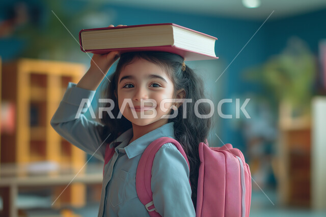 النظر الى الكاميرا بتعابير وايماءات السرور والسعادة، حب القراءة والثقافة والإستطلاع ، بورتريه مقرب لطالبة عربية خليجية سعودية مبتسمة تحمل كتاب على رأسها ، مراجعة الدروس اليومية، التعليم والمدارس في المملكة العربية السعودية