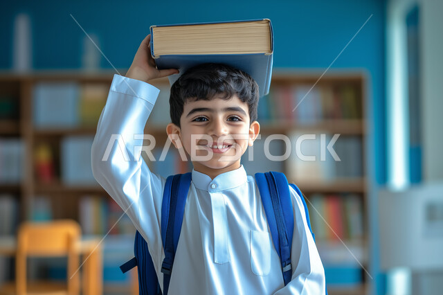 النظر الى الكاميرا بتعابير وايماءات السرور والسعادة، حب القراءة والثقافة والإستطلاع ، صورة مقربة  لطالب عربي خليجي سعودي مبتسم يحمل كتاب على رأسها ، مراجعة الدروس اليومية، التعليم والمدارس في المملكة العربية السعودية