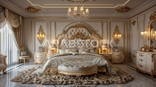 الطراز الكلاسيكي والتصاميم القديمة لغرف النوم، الديكورات الداخلية للمنازل الفاخرة، فلل وشقق سكنية في المملكة العربية السعودية، فن التصميم الداخلي والأثاث الراقي بألوان هادئة، مفهوم الراحة والاسترخاء