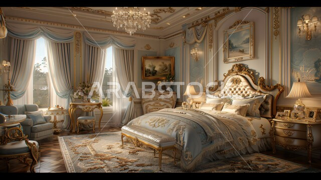 التصاميم القديمة على الطراز الكلاسيكي لغرف النوم، الديكورات الداخلية للمنازل الفاخرة، فلل وشقق سكنية في المملكة العربية السعودية، فن التصميم الداخلي والأثاث الراقي بألوان هادئة، مفهوم الراحة والاسترخاء