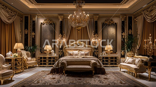 Classic style old bedroom designs, luxury home interiors, villas and apartments in Saudi Arabia, the art of interior design and high-end furniture in calm colors, the concept of comfort and relaxation