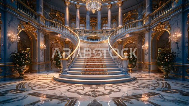 سلم فاخر مصنوع من الرخام داخل احد الفنادق، الديكورات الداخلية للفلل السكنية بتصاميم كلاسيكية، اكسسوارات وتحف وأثاث منزلي راقي، فن التصميم الداخلي الراقي للشقق في المملكة العربية السعودية