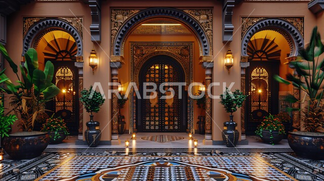 المدخل الرئيسي لمبنى بتصميم قديم، الاهتمام بنباتات الزينة الخضراء، الشقق والفلل السكنية الراقية في المملكة العربية السعودية، الفن الهندسي المعماري للمباني على الطراز الكلاسيكي القديم، التصاميم والديكورات الفاخرة للمداخل