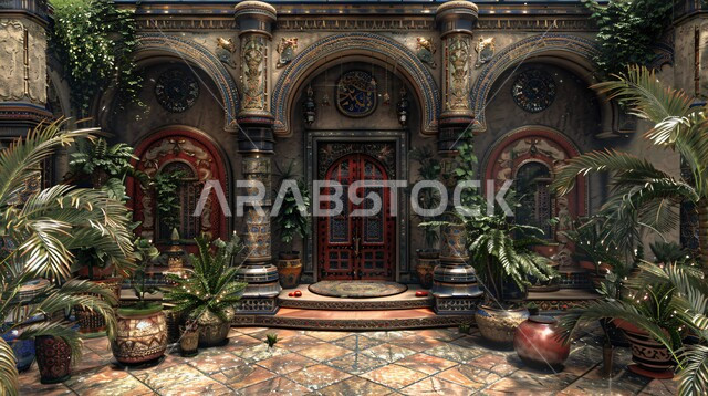 المدخل الرئيسي لمبنى بتصميم قديم، الاهتمام بنباتات الزينة الخضراء، الشقق والفلل السكنية الراقية في المملكة العربية السعودية، الفن الهندسي المعماري للمباني على الطراز الكلاسيكي القديم، التصاميم والديكورات الفاخرة للمداخل