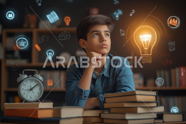 إيجاد حلول للمشاكل, النظر إلى مكان ما، صورة مقربة لطفل عربي سعودي خليجي مبتسم فوق رأسه لمبة ينظر الى الاعلى بإيماءات التفكر والتمعن والتخطيط للمستقبل