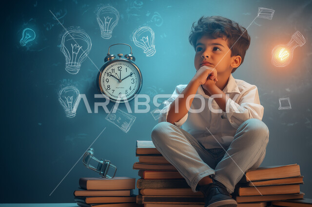 Finding solutions to problems, looking at a place, a close-up picture of a smiling Saudi Arabian Gulf child with a light bulb above his head, looking up with gestures of contemplation, contemplation, and planning for the future