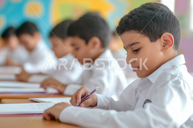 طلاب عربيون سعوديون خليجيون يقومون بالكتابة على الدفاتر وحل الأسئلة , المشاركة والتنافس  ولإجابة عن السؤال , التربية والتعليم , المقررات والمناهج التعليمية الحديثة والمطورة في المملكة العربية السعودية