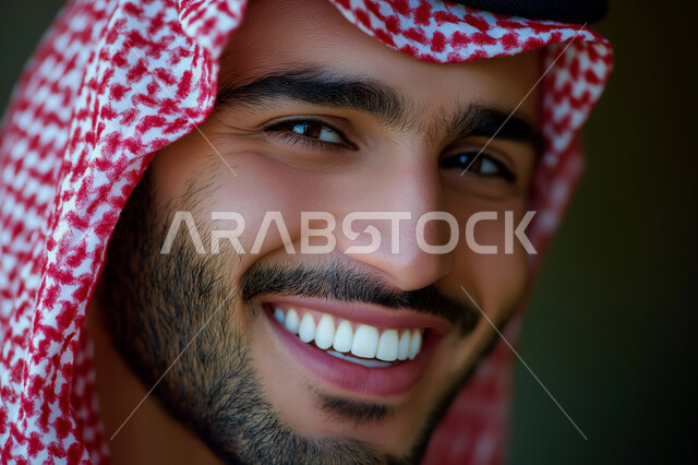 الاهتمام بالأناقة والمظهر الخارجي، صورة مقربة لرجل عربي خليجي سعودي مبتسم يرتدي الشماغ والثوب التقليدي ينظر إلى الكاميرا بإيماءات السرور، الشعور بالثقة في النفس، صورة شخصية للوثائق الرسمية