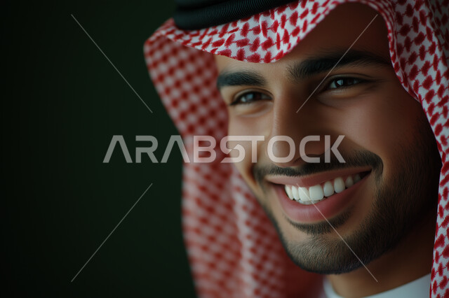 الاهتمام بالأناقة والمظهر الخارجي، صورة مقربة لرجل عربي خليجي سعودي مبتسم يرتدي الشماغ والثوب التقليدي ينظر إلى الكاميرا بإيماءات السرور، الشعور بالثقة في النفس، صورة شخصية للوثائق الرسمية
