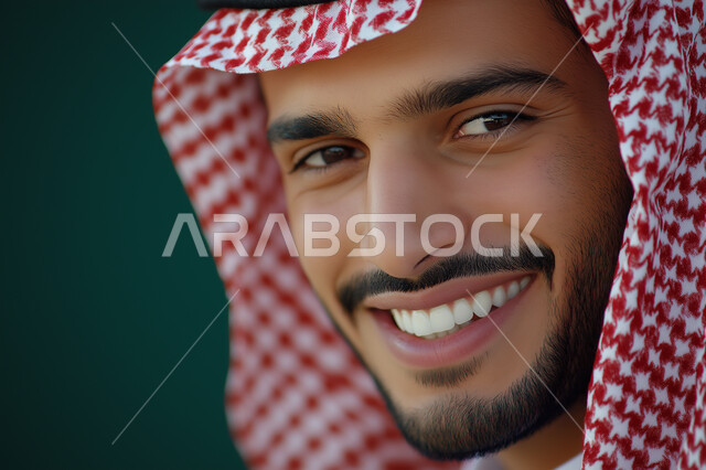 الاهتمام بالأناقة والمظهر الخارجي، صورة مقربة لرجل عربي خليجي سعودي مبتسم يرتدي الشماغ والثوب التقليدي ينظر إلى الكاميرا بإيماءات السرور، الشعور بالثقة في النفس، صورة شخصية للوثائق الرسمية