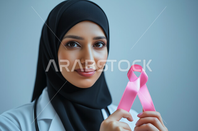 الحملة التوعيه بالامراض الخبيثة , طبيبة عربية خليجية سعودية محجبة مبتسمة ترتدي الملابس الطبية والسماعة تمسك بيدها شعار التوعيه بالكشف المبكر لسرطان الثدي , خلفية رمادية, محتوى حساس, استخدام حساس