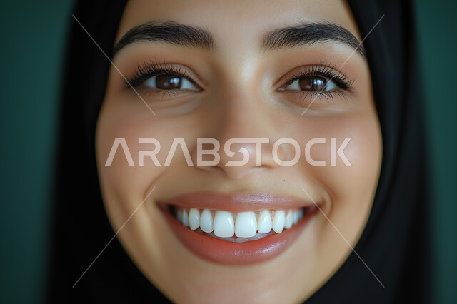 Looking at the camera with gestures of self-confidence, the concept of femininity and softness, modern contemporary women's hijabs, interest in external appearance, a close-up of a veiled Saudi Arabian Gulf woman wearing a blackabaya