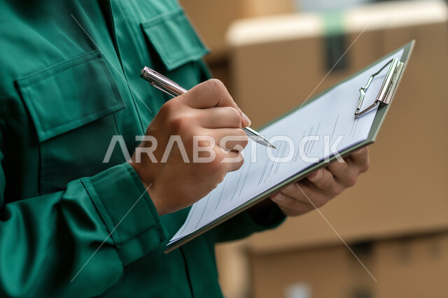 كتابة وتسجيل البيانات والملاحظات، التحقق والتدقيق في العرض المالي، صورة مقربة لأيدي رجل عربي خليجي سعودي يقوم بتوقيع الأوراق، قراءة بنود العقد والموافقة