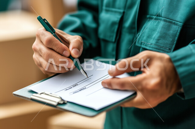 كتابة وتسجيل البيانات والملاحظات، التحقق والتدقيق في العرض المالي، صورة مقربة لأيدي رجل عربي خليجي سعودي يقوم بتوقيع الأوراق، قراءة بنود العقد والموافقة