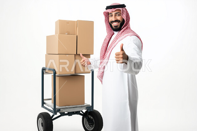 شاب عربي سعودي خليجي يقوم بتسليم الطلبات للزبائن ، التوقيع على نموذج تسليم واستلام الطرد ،  عملية التوصيل الامنة والموثوقة ، طلب المنتجات عبر الانترنت ،  خدمات الشحن و التوصيل ذات الجودة العالية 