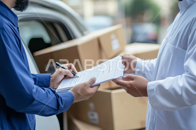 شاب عربي سعودي خليجي يقوم بتسليم الطلبات للزبائن ، التوقيع على نموذج تسليم واستلام الطرد ،  عملية التوصيل الامنة والموثوقة ، طلب المنتجات عبر الانترنت ،  خدمات الشحن و التوصيل ذات الجودة العالية 