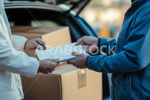 شاب عربي سعودي خليجي يقوم بتسليم الطلبات للزبائن ، التوقيع على نموذج تسليم واستلام الطرد ،  عملية التوصيل الامنة والموثوقة ، طلب المنتجات عبر الانترنت ،  خدمات الشحن و التوصيل ذات الجودة العالية 