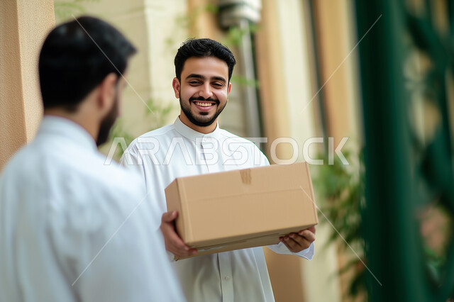  عملية التوصيل الامنة والموثوقة ، شاب عربي سعودي خليجي يقوم بتسليم الطلبات للزبائن ، التوقيع على نموذج تسليم واستلام الطرد ، طلب المنتجات عبر الانترنت ،  خدمات الشحن و التوصيل ذات الجودة العالية 