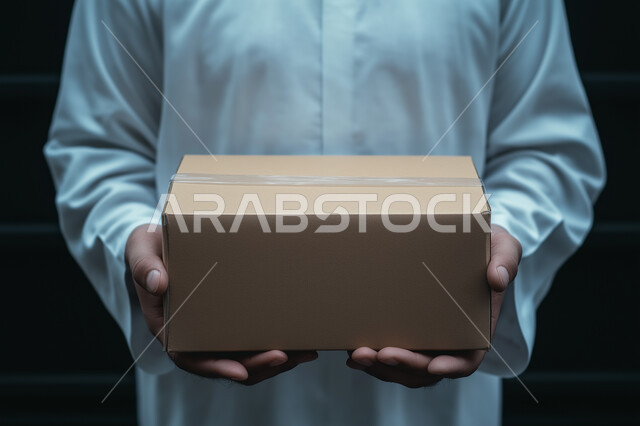طلب المنتجات عبر الانترنت ،  عملية التوصيل الامنة والموثوقة ، شاب عربي سعودي خليجي يقوم بتسليم الطلبات للزبائن ، خدمات الشحن و التوصيل ذات الجودة العالية توصيل الطلبيات بالوقت المحدد و بشكل سليم