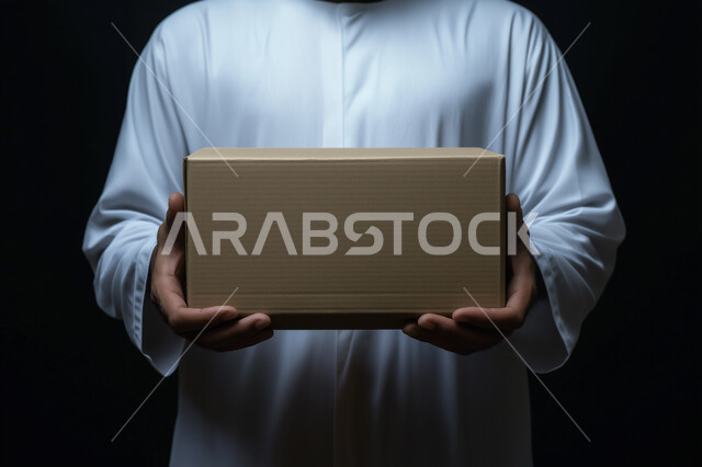 طلب المنتجات عبر الانترنت ،  عملية التوصيل الامنة والموثوقة ، شاب عربي سعودي خليجي يقوم بتسليم الطلبات للزبائن ، خدمات الشحن و التوصيل ذات الجودة العالية توصيل الطلبيات بالوقت المحدد و بشكل سليم