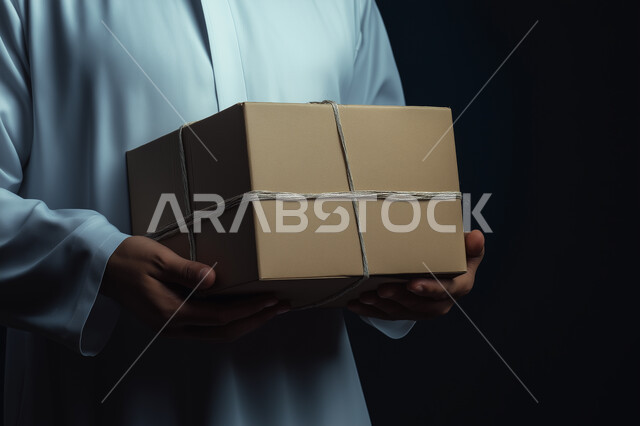 طلب المنتجات عبر الانترنت ،  عملية التوصيل الامنة والموثوقة ، شاب عربي سعودي خليجي يقوم بتسليم الطلبات للزبائن ، خدمات الشحن و التوصيل ذات الجودة العالية توصيل الطلبيات بالوقت المحدد و بشكل سليم