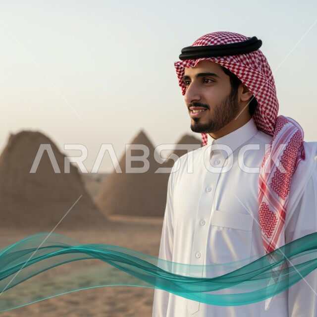 الاحتفال بالمناسبات والأعياد الوطنية، صورة مقربة لرجل عربي خليجي سعودي يرتدي الشماغ والثوب التقليدي يقف في احدى المناطق الصحراوية، يوم العلم 11 مارس، ذكرى العيد الوطني 23 سبتمبر، الفخر والاعتزاز بالانتماء للوطن 