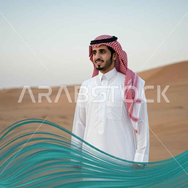 الاحتفال بالمناسبات والأعياد الوطنية، صورة مقربة لرجل عربي خليجي سعودي يرتدي الشماغ والثوب التقليدي يقف في احدى المناطق الصحراوية، يوم العلم 11 مارس، ذكرى العيد الوطني 23 سبتمبر، الفخر والاعتزاز بالانتماء للوطن 