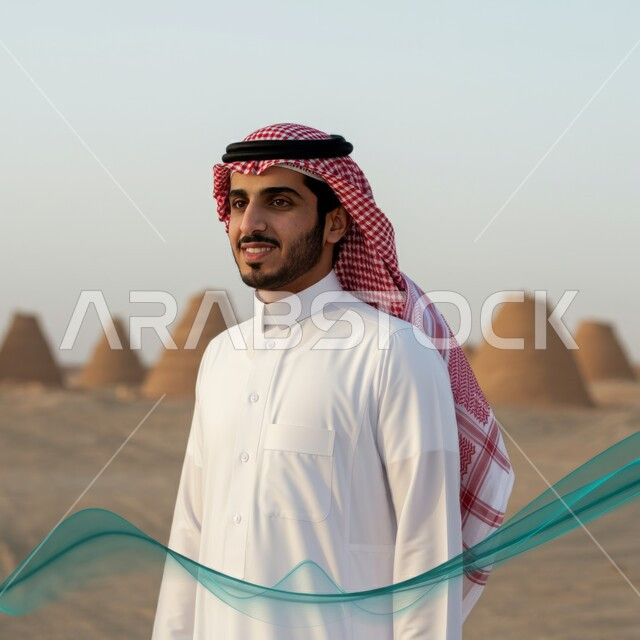 الاحتفال بالمناسبات والأعياد الوطنية، صورة مقربة لرجل عربي خليجي سعودي يرتدي الشماغ والثوب التقليدي يقف في احدى المناطق الصحراوية، يوم العلم 11 مارس، ذكرى العيد الوطني 23 سبتمبر، الفخر والاعتزاز بالانتماء للوطن 