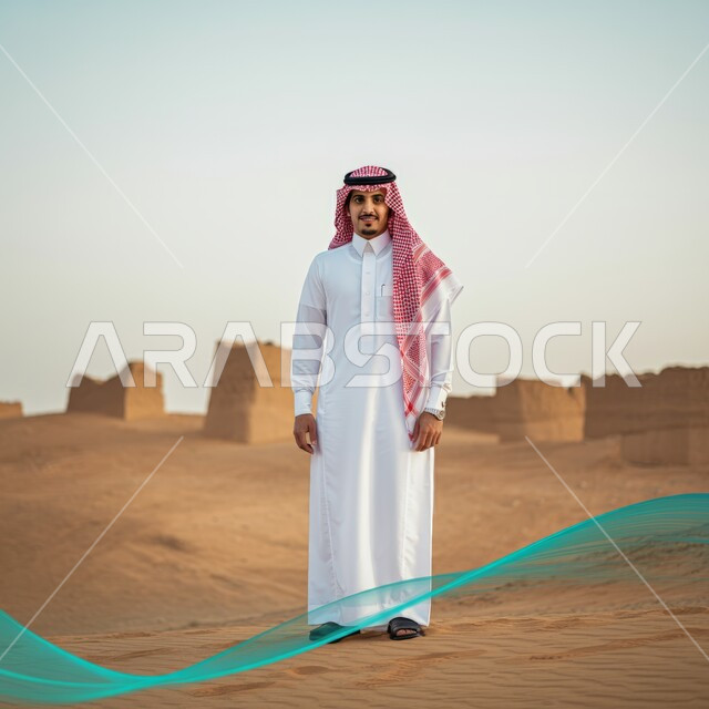 يوم العلم 11 مارس، الاحتفال بالمناسبات والأعياد الوطنية، رجل عربي خليجي سعودي يرتدي الشماغ والثوب التقليدي ينظر الى الكاميرا بإيماءات الثقة بالنفس يقف في احدى المناطق الصحراوية، ذكرى العيد الوطني 23 سبتمبر، صورة الجسم بالطول الكامل
