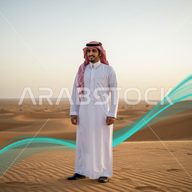 يوم العلم 11 مارس، الاحتفال بالمناسبات والأعياد الوطنية، رجل عربي خليجي سعودي يرتدي الشماغ والثوب التقليدي يقف في احدى المناطق الصحراوية، ذكرى العيد الوطني 23 سبتمبر، إيماءات الرجولة والثقة بالنفس، صورة الجسم بالطول الكامل