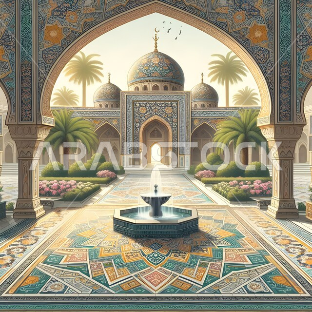 3D model of a mosque in Saudi Arabia, decorations of domes and minarets in the Arab-Islamic style, the call of Muslims to perform religious duties and prayers, the architectural engineering art of building mosques, the concept of worship and drawing closer to God Almighty