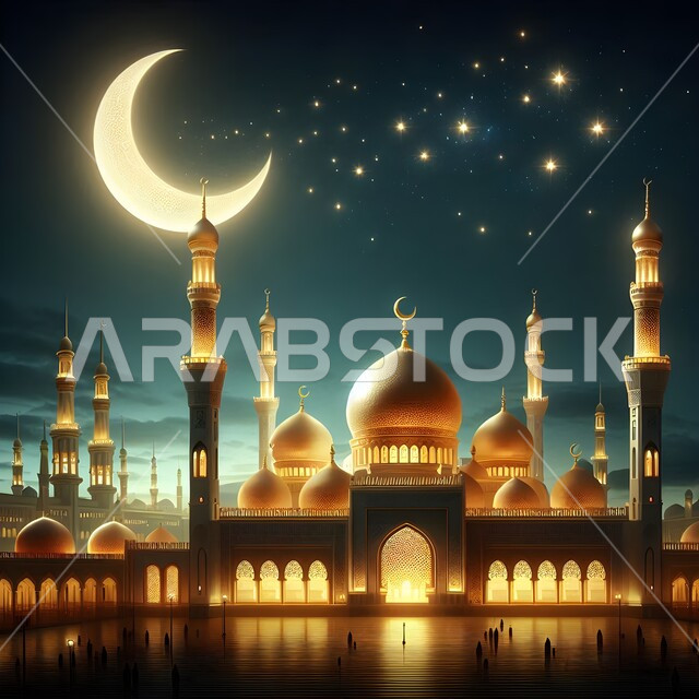 ديكورات القبب والمآذن على الطراز العربي الإسلامي, نداء المسلمين لأداء الفرائض والصلوات, الفن الهندسي المعماري لبناء المساجد, مفهوم العبادة والتقرب إلى الله تعالى, مجسم ثلاثي الابعاد لمسجد في المملكة العربية السعودية, خلفية القمر المضيئ في السماء
