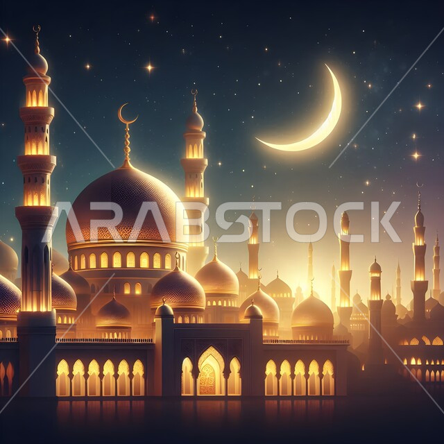 ديكورات القبب والمآذن على الطراز العربي الإسلامي, نداء المسلمين لأداء الفرائض والصلوات, الفن الهندسي المعماري لبناء المساجد, مفهوم العبادة والتقرب إلى الله تعالى, مجسم ثلاثي الابعاد لمسجد في المملكة العربية السعودية, خلفية القمر المضيئ في السماء