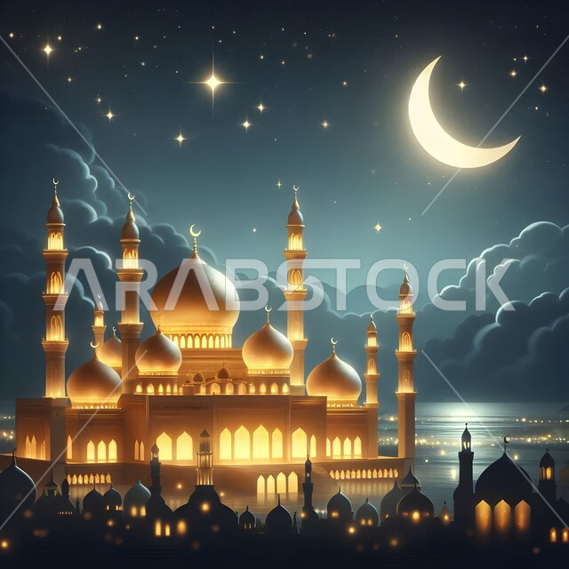 ديكورات القبب والمآذن على الطراز العربي الإسلامي, نداء المسلمين لأداء الفرائض والصلوات, الفن الهندسي المعماري لبناء المساجد, مفهوم العبادة والتقرب إلى الله تعالى, مجسم ثلاثي الابعاد لمسجد في المملكة العربية السعودية, خلفية القمر المضيئ في السماء