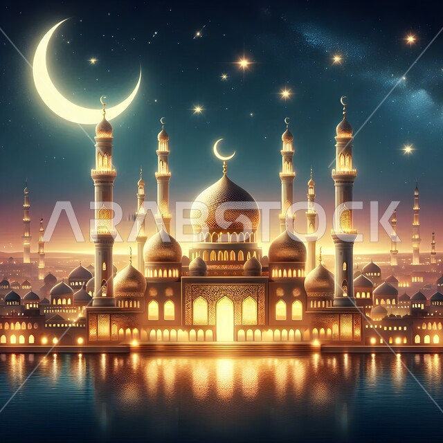 ديكورات القبب والمآذن على الطراز العربي الإسلامي, نداء المسلمين لأداء الفرائض والصلوات, الفن الهندسي المعماري لبناء المساجد, مفهوم العبادة والتقرب إلى الله تعالى, مجسم ثلاثي الابعاد لمسجد في المملكة العربية السعودية, خلفية القمر المضيئ في السماء