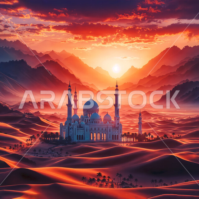 مجسم ثلاثي الابعاد لمسجد في صحراء المملكة العربية السعودية, ديكورات القبب والمآذن على الطراز العربي الإسلامي, نداء المسلمين لأداء الفرائض والصلوات, الفن الهندسي المعماري لبناء المساجد, مفهوم العبادة والتقرب إلى الله تعالى