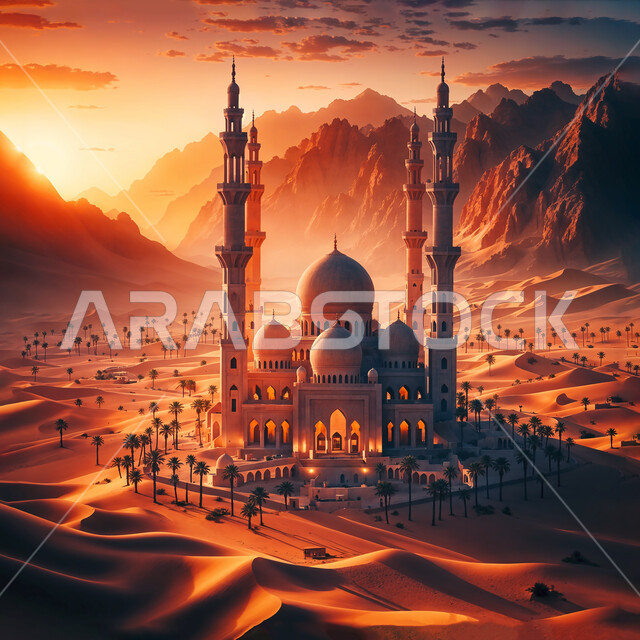 مجسم ثلاثي الابعاد لمسجد في صحراء المملكة العربية السعودية, ديكورات القبب والمآذن على الطراز العربي الإسلامي, نداء المسلمين لأداء الفرائض والصلوات, الفن الهندسي المعماري لبناء المساجد, مفهوم العبادة والتقرب إلى الله تعالى