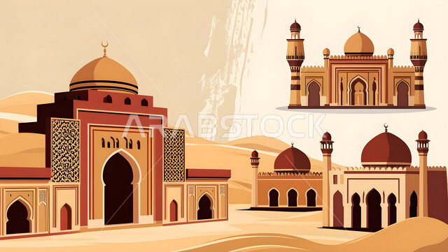 مفهوم العبادة والتقرب إلى الله تعالى, مجسم ثلاثي الابعاد لمسجد في المملكة العربية السعودية, ديكورات القبب والمآذن على الطراز العربي الإسلامي, نداء المسلمين لأداء الفرائض والصلوات, الفن الهندسي المعماري لبناء المساج, خلفية بيج
