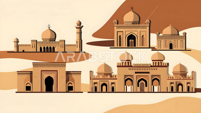 The concept of worship and drawing closer to God Almighty, a three-dimensional model of a mosque in the Kingdom of Saudi Arabia, decorations of domes and minarets in the Arab-Islamic style, the call of Muslims to perform religious duties and prayers, the architectural engineering art of building mosques, beige background