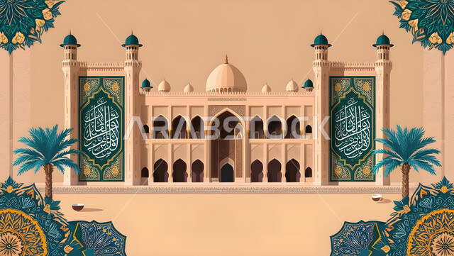 مفهوم العبادة والتقرب إلى الله تعالى, مجسم ثلاثي الابعاد لمسجد في المملكة العربية السعودية, ديكورات القبب والمآذن على الطراز العربي الإسلامي, نداء المسلمين لأداء الفرائض والصلوات, الفن الهندسي المعماري لبناء المساج, خلفية بيج
