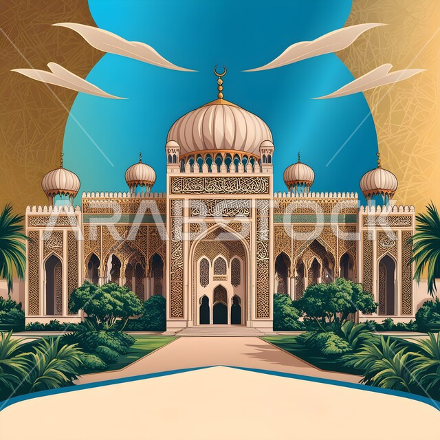 الاهتمام بزراعة الأشجار والنباتات الخضراء, مفهوم العبادة والتقرب إلى الله تعالى, مجسم ثلاثي الابعاد لمسجد في المملكة العربية السعودية, ديكورات القبب والمآذن على الطراز العربي الإسلامي, نداء المسلمين لأداء الفرائض والصلوات, الفن الهندسي المعماري لبناء المساجد