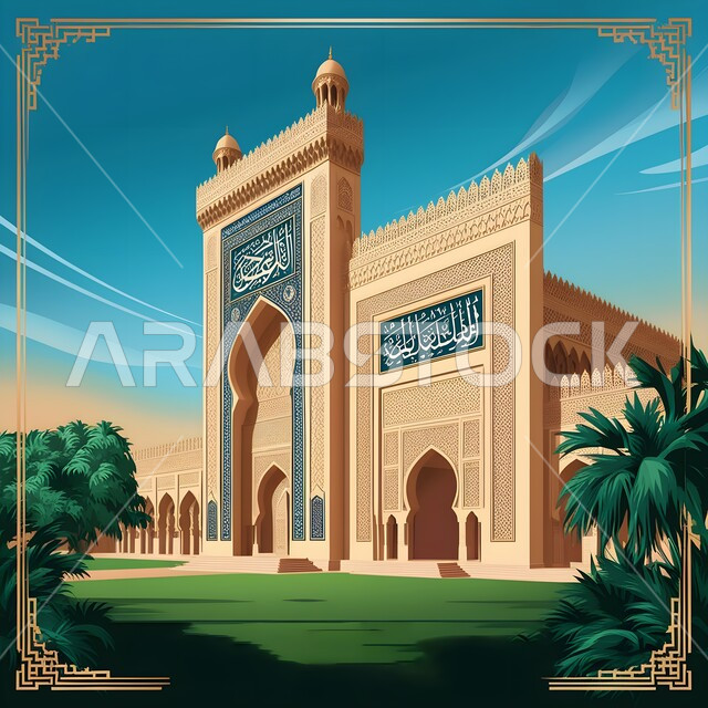 الاهتمام بزراعة الأشجار والنباتات الخضراء, مفهوم العبادة والتقرب إلى الله تعالى, مجسم ثلاثي الابعاد لمسجد في المملكة العربية السعودية, ديكورات القبب والمآذن على الطراز العربي الإسلامي, نداء المسلمين لأداء الفرائض والصلوات, الفن الهندسي المعماري لبناء المساجد