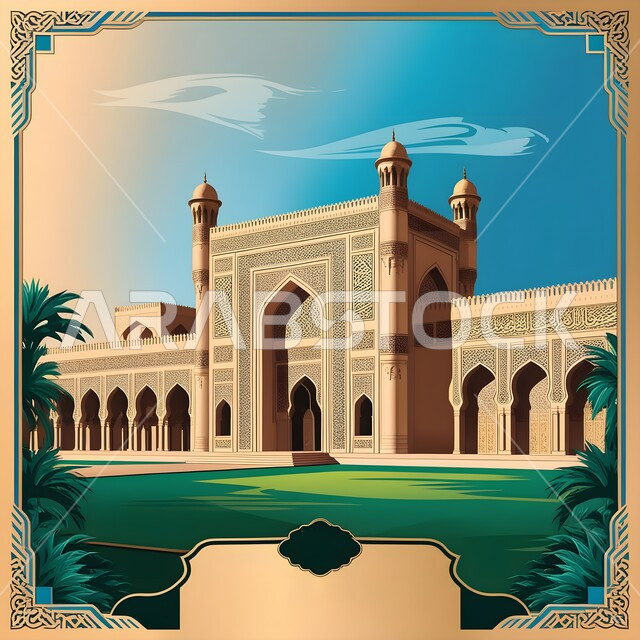 الاهتمام بزراعة الأشجار والنباتات الخضراء, مفهوم العبادة والتقرب إلى الله تعالى, مجسم ثلاثي الابعاد لمسجد في المملكة العربية السعودية, ديكورات القبب والمآذن على الطراز العربي الإسلامي, نداء المسلمين لأداء الفرائض والصلوات, الفن الهندسي المعماري لبناء المساجد