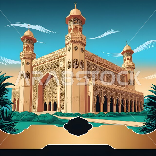 الاهتمام بزراعة الأشجار والنباتات الخضراء, مفهوم العبادة والتقرب إلى الله تعالى, مجسم ثلاثي الابعاد لمسجد في المملكة العربية السعودية, ديكورات القبب والمآذن على الطراز العربي الإسلامي, نداء المسلمين لأداء الفرائض والصلوات, الفن الهندسي المعماري لبناء المساجد