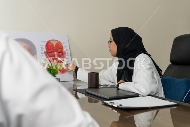 الاطلاع على نتائج التحاليل, تقديم الاستشارات في المراكز الطبيه في الامارات العربية المتحدة, متابعة السجل الطبي للمراجعين, العمل في القطاعات الصحية, طبيبة عربية خليجية اماراتية محجبة ترتدي المعطف الطبي تقوم بوصف الحالة المرضية للمريض, خلفية بيج