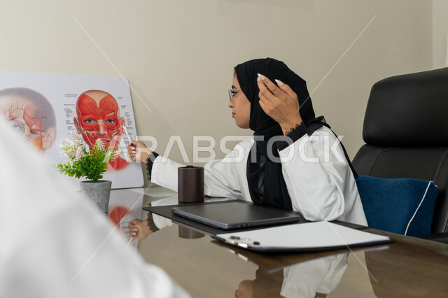 الاطلاع على نتائج التحاليل, تقديم الاستشارات في المراكز الطبيه في الامارات العربية المتحدة, متابعة السجل الطبي للمراجعين, العمل في القطاعات الصحية, طبيبة عربية خليجية اماراتية محجبة ترتدي المعطف الطبي تقوم بوصف الحالة المرضية للمريض, خلفية بيج
